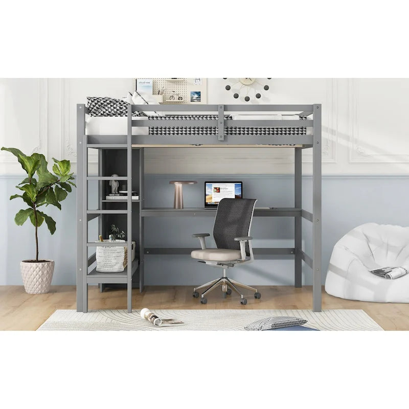 Lit mezzanine en bois avec sommier à lattes, cadre de lit double avec étagères multifonctions, garde-corps pleine longueur et bureau sous le lit
