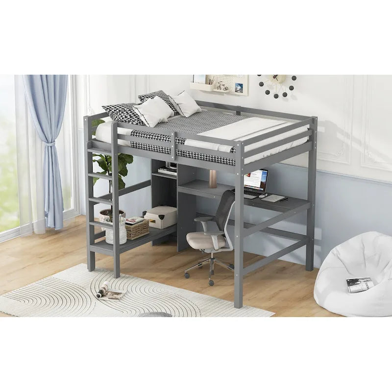 Lit mezzanine en bois avec sommier à lattes, cadre de lit double avec étagères multifonctions, garde-corps pleine longueur et bureau sous le lit