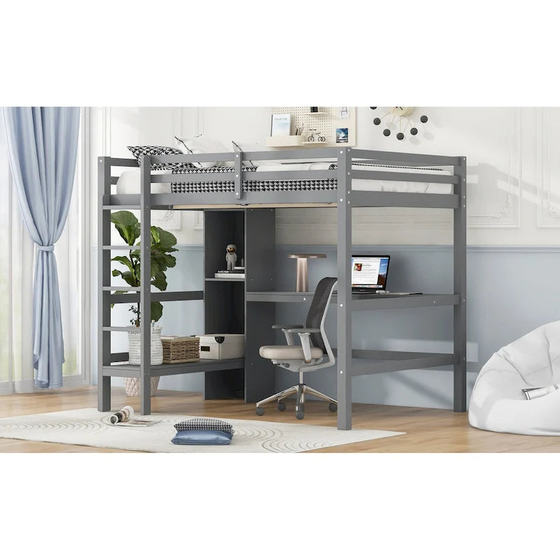 Lit mezzanine en bois avec sommier à lattes, cadre de lit double avec étagères multifonctions, garde-corps pleine longueur et bureau sous le lit