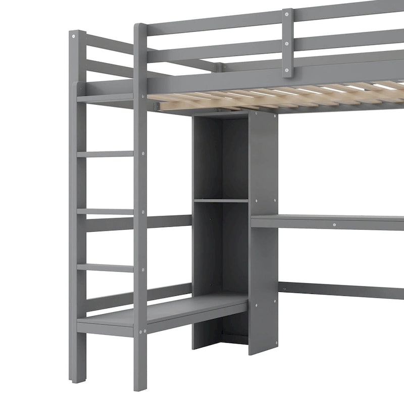 Lit mezzanine en bois avec sommier à lattes, cadre de lit double avec étagères multifonctions, garde-corps pleine longueur et bureau sous le lit