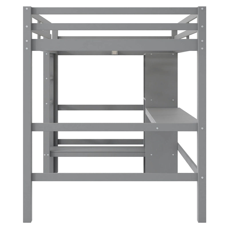 Lit mezzanine en bois avec sommier à lattes, cadre de lit double avec étagères multifonctions, garde-corps pleine longueur et bureau sous le lit