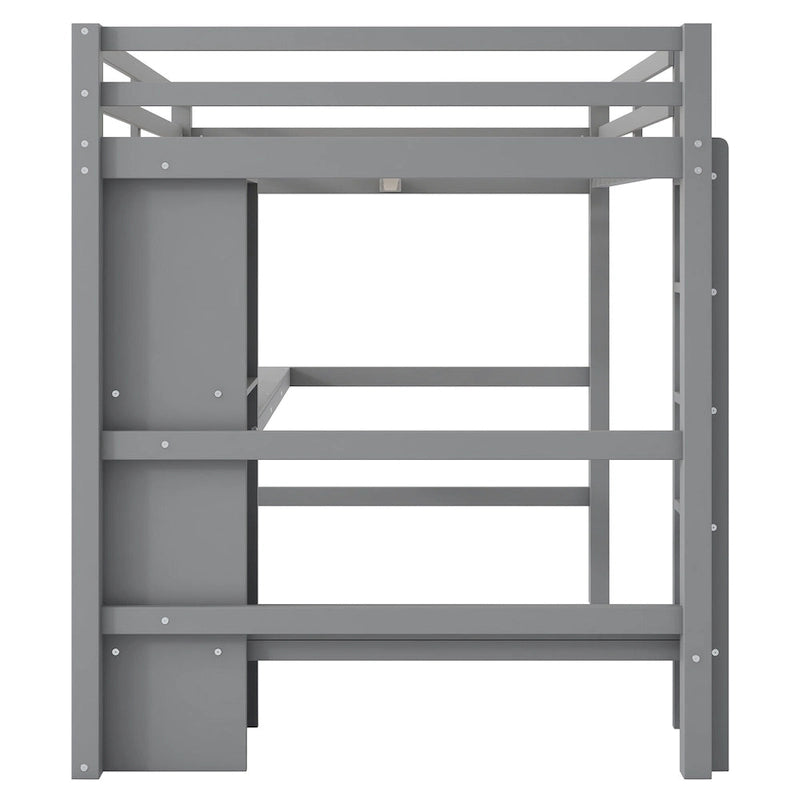 Lit mezzanine en bois avec sommier à lattes, cadre de lit double avec étagères multifonctions, garde-corps pleine longueur et bureau sous le lit