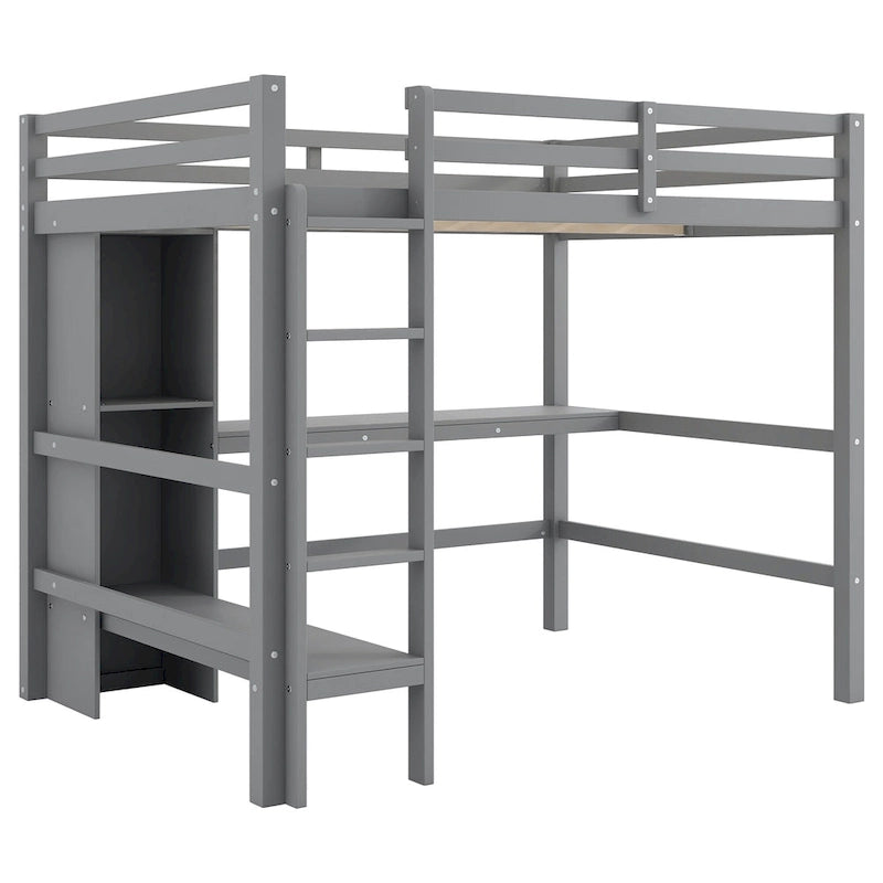 Lit mezzanine en bois avec sommier à lattes, cadre de lit double avec étagères multifonctions, garde-corps pleine longueur et bureau sous le lit