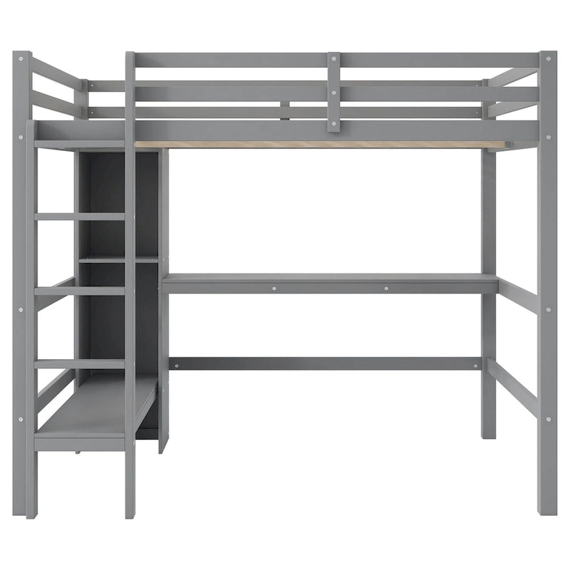 Lit mezzanine en bois avec sommier à lattes, cadre de lit double avec étagères multifonctions, garde-corps pleine longueur et bureau sous le lit