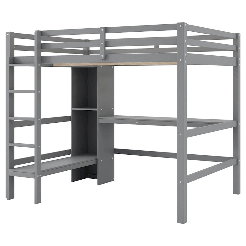 Lit mezzanine en bois avec sommier à lattes, cadre de lit double avec étagères multifonctions, garde-corps pleine longueur et bureau sous le lit