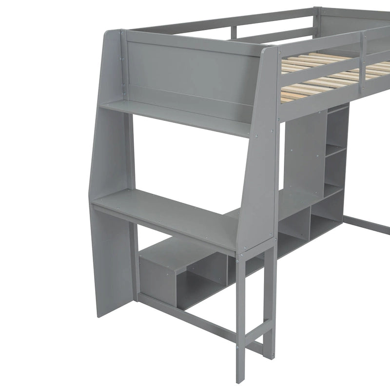 Lit mezzanine en bois pour ado avec étagères de rangement multiples et bureau sous le lit, cadre de lit avec LED et tringle à vêtements