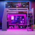 Lit mezzanine en bois pour ado avec étagères de rangement multiples et bureau sous le lit, cadre de lit avec LED et tringle à vêtements