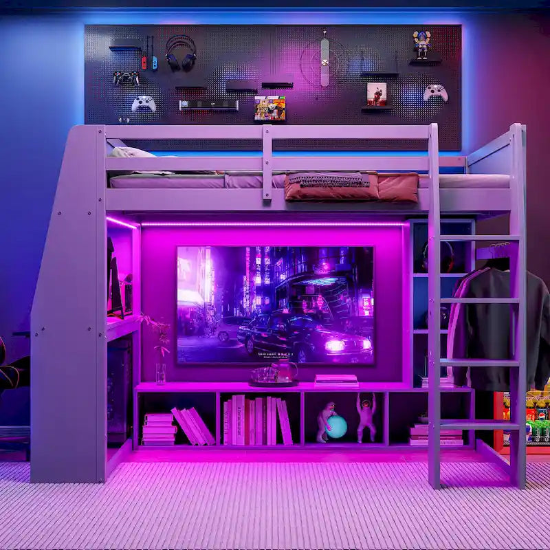 Lit mezzanine en bois pour ado avec étagères de rangement multiples et bureau sous le lit, cadre de lit avec LED et tringle à vêtements