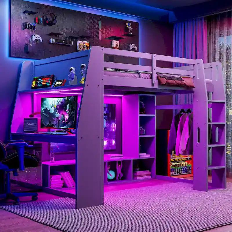 Lit mezzanine en bois pour ado avec étagères de rangement multiples et bureau sous le lit, cadre de lit avec LED et tringle à vêtements