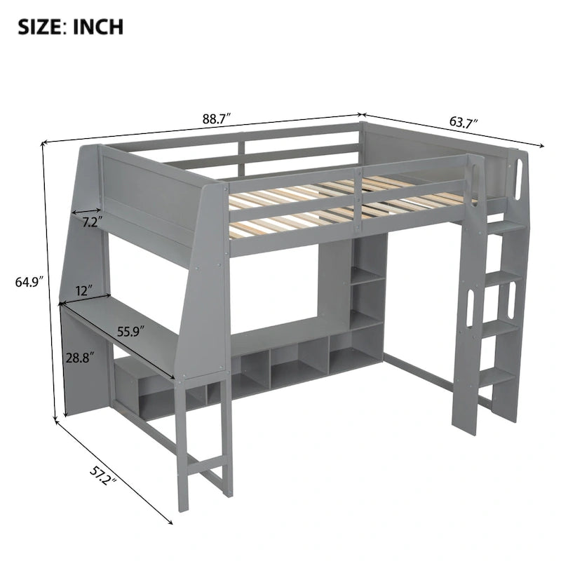Lit mezzanine en bois pour ado avec étagères de rangement multiples et bureau sous le lit, cadre de lit avec LED et tringle à vêtements