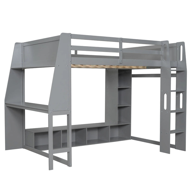 Lit mezzanine en bois pour ado avec étagères de rangement multiples et bureau sous le lit, cadre de lit avec LED et tringle à vêtements