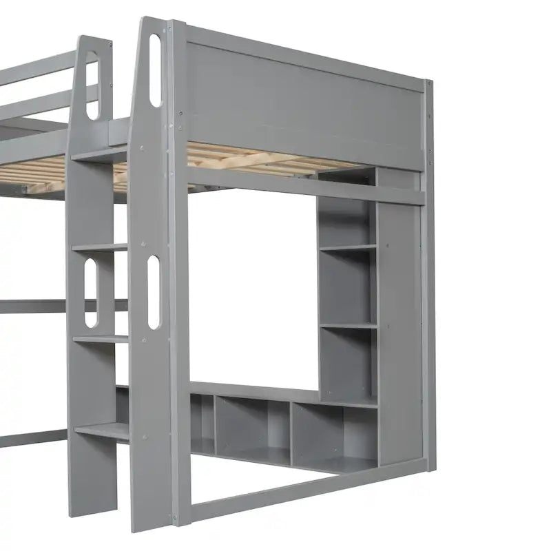 Lit mezzanine en bois pour ado avec étagères de rangement multiples et bureau sous le lit, cadre de lit avec LED et tringle à vêtements