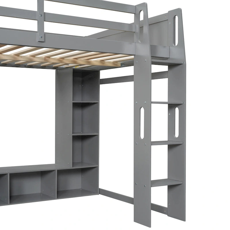 Lit mezzanine en bois pour ado avec étagères de rangement multiples et bureau sous le lit, cadre de lit avec LED et tringle à vêtements