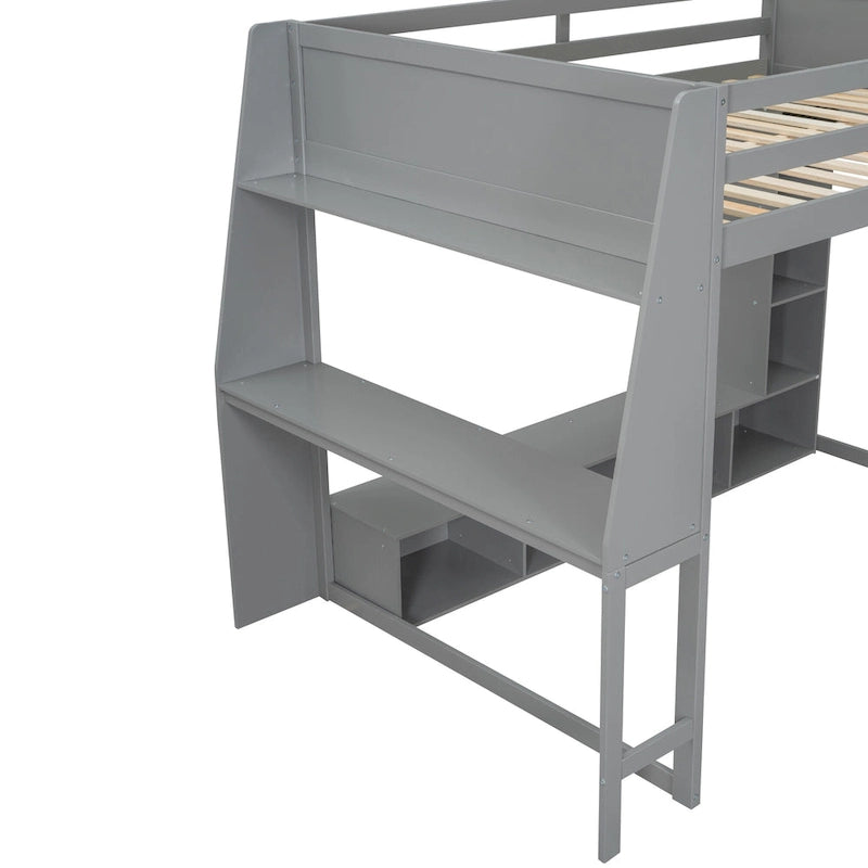 Lit mezzanine en bois pour ado avec étagères de rangement multiples et bureau sous le lit, cadre de lit avec LED et tringle à vêtements