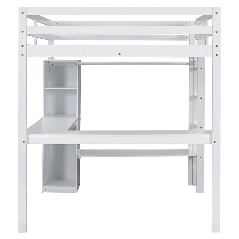Full Size Solid Wiood Loft Bed with L-shaped Desk, Wardrobe and Storage Shelves