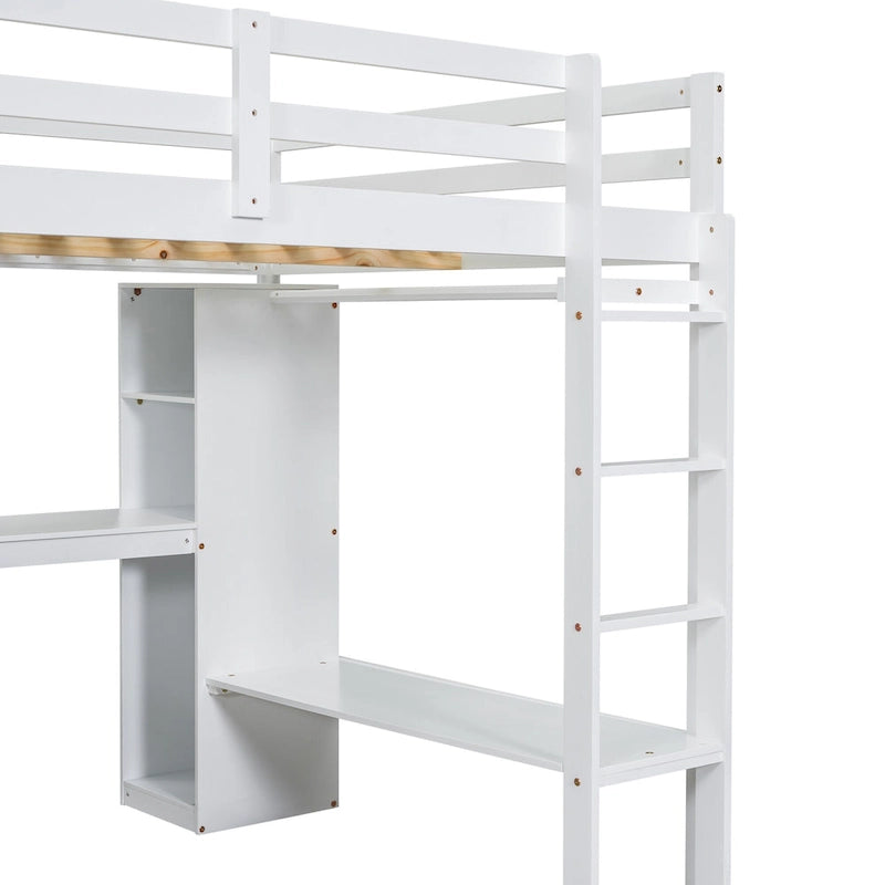 Lit mezzanine pleine grandeur en bois massif avec bureau en L, penderie et étagères de rangement