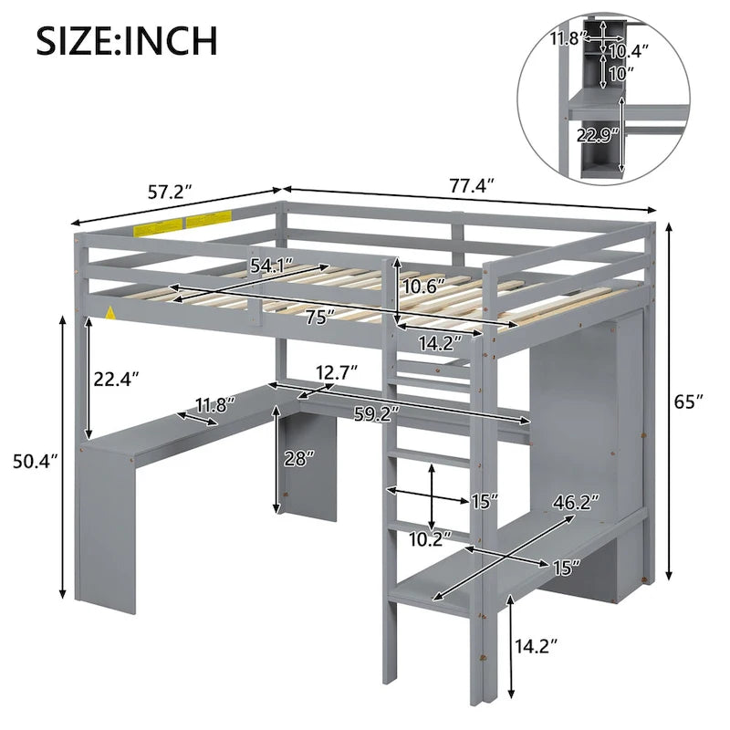 Lit mezzanine pleine grandeur en bois massif avec bureau en L, penderie et étagères de rangement