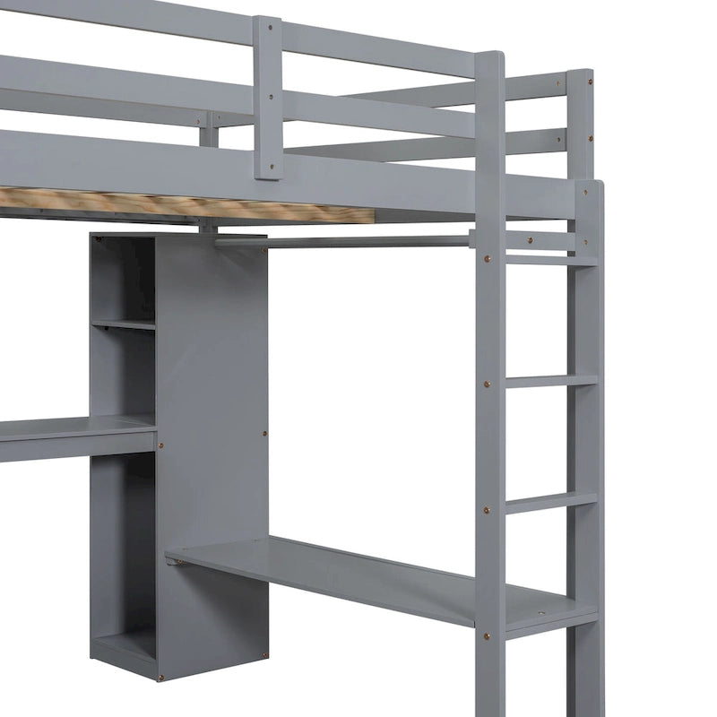 Lit mezzanine pleine grandeur en bois massif avec bureau en L, penderie et étagères de rangement