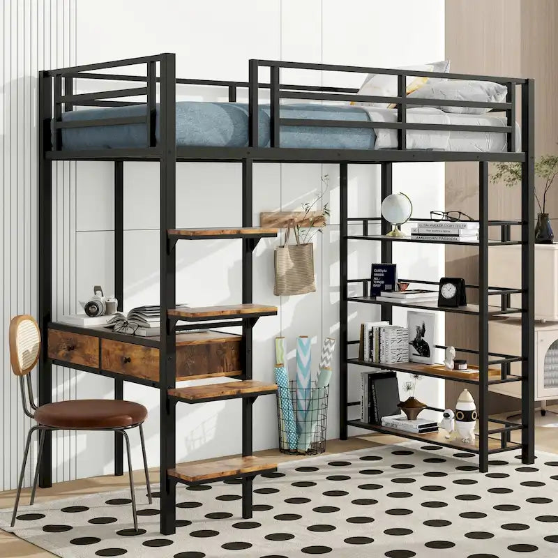 Lit mezzanine en métal format lit simple avec bureau, échelle, barrière et étagères pour enfants, garçons et filles, chambre à coucher