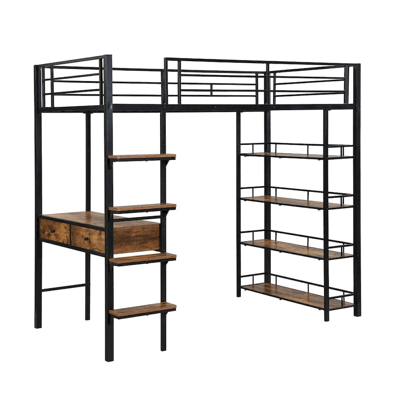Lit mezzanine en métal format lit simple avec bureau, échelle, barrière et étagères pour enfants, garçons et filles, chambre à coucher