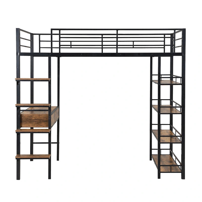 Lit mezzanine en métal format lit simple avec bureau, échelle, barrière et étagères pour enfants, garçons et filles, chambre à coucher