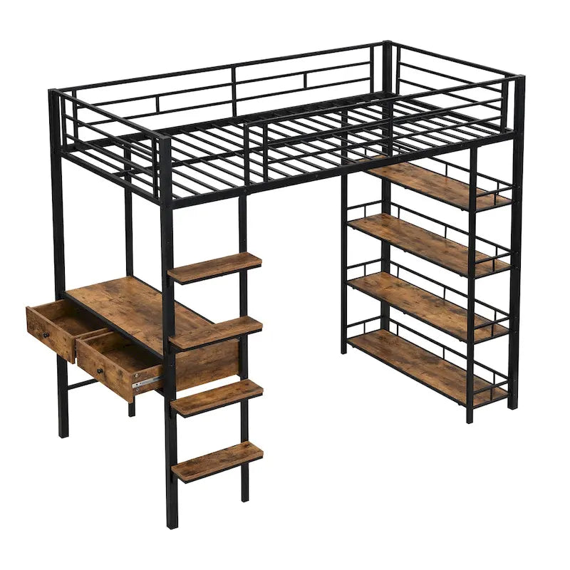 Lit mezzanine en métal format lit simple avec bureau, échelle, barrière et étagères pour enfants, garçons et filles, chambre à coucher
