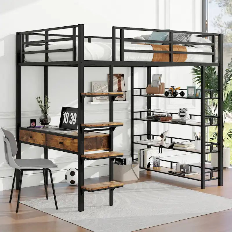 Lit mezzanine en métal avec bureau, échelle, barrière et étagères pour enfants