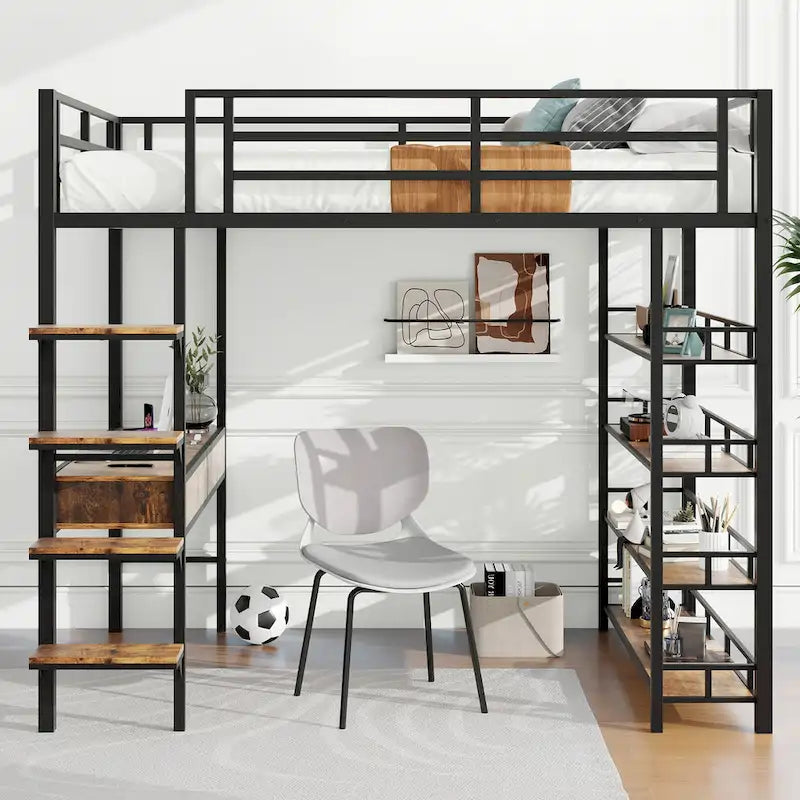 Lit mezzanine en métal avec bureau, échelle, barrière et étagères pour enfants