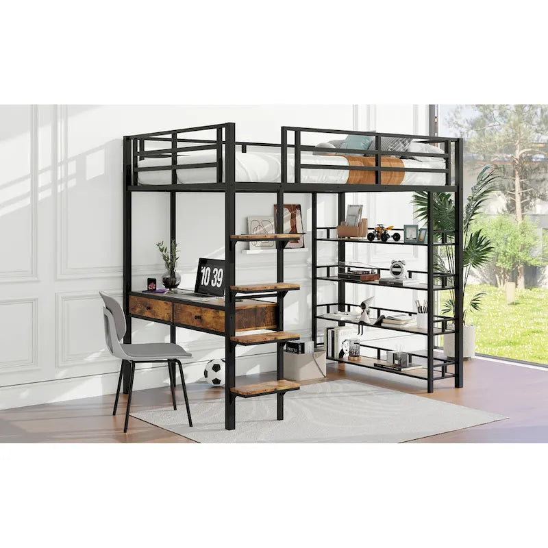 Lit mezzanine en métal avec bureau, échelle, barrière et étagères pour enfants