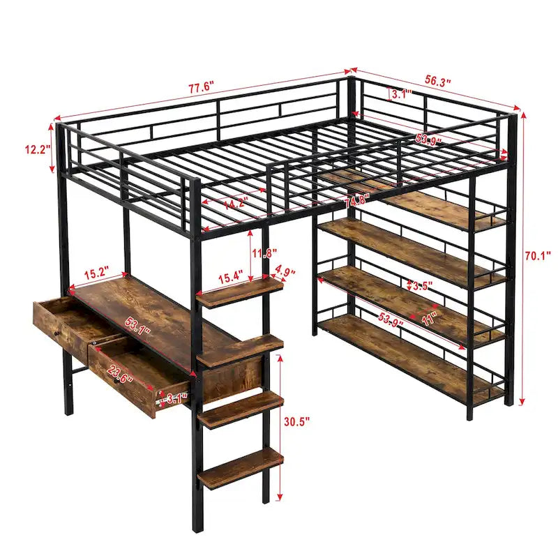 Lit mezzanine en métal avec bureau, échelle, barrière et étagères pour enfants