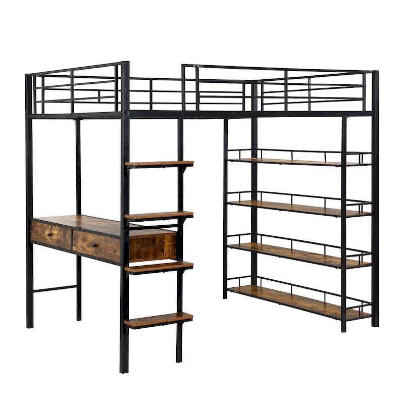 Lit mezzanine en métal avec bureau, échelle, barrière et étagères pour enfants