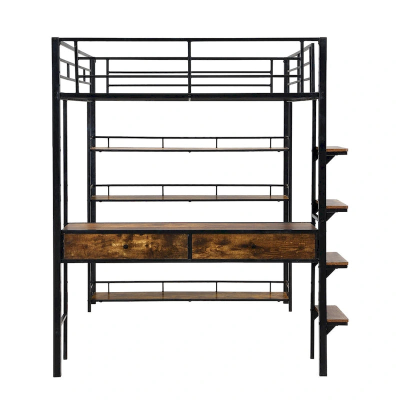 Lit mezzanine en métal avec bureau, échelle, barrière et étagères pour enfants