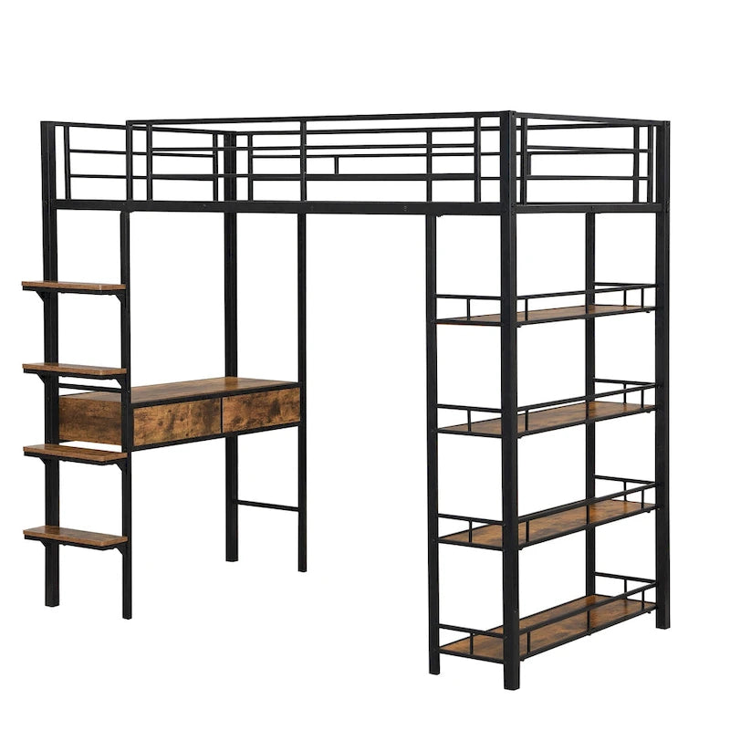 Lit mezzanine en métal avec bureau, échelle, barrière et étagères pour enfants