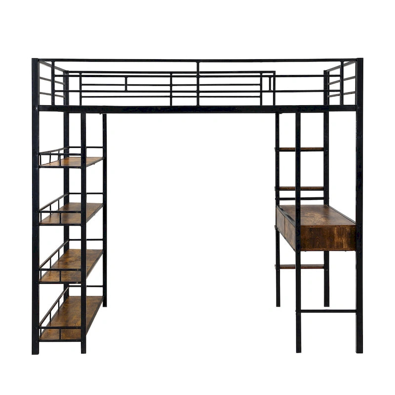 Lit mezzanine en métal avec bureau, échelle, barrière et étagères pour enfants