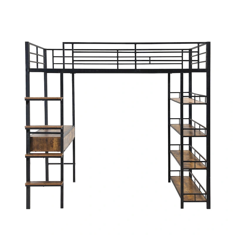 Lit mezzanine en métal avec bureau, échelle, barrière et étagères pour enfants