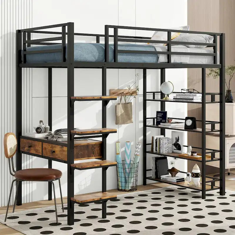 Lit mezzanine en métal avec bureau, échelle, barrière et étagères pour enfants