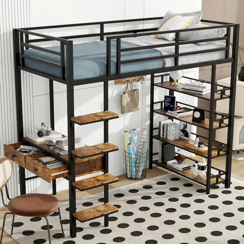 Lit mezzanine en métal avec bureau, échelle, barrière et étagères pour enfants