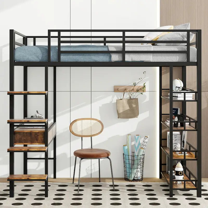 Lit mezzanine en métal avec bureau, échelle, barrière et étagères pour enfants