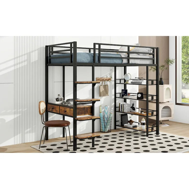 Lit mezzanine en métal avec bureau, échelle, barrière et étagères pour enfants