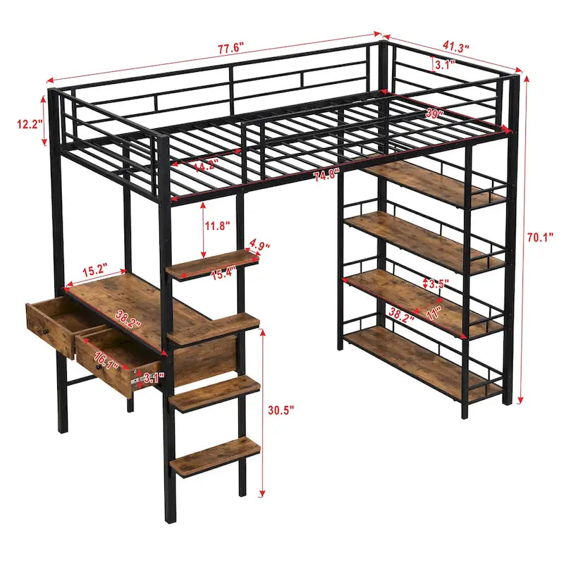 Lit mezzanine en métal avec bureau, échelle, barrière et étagères pour enfants