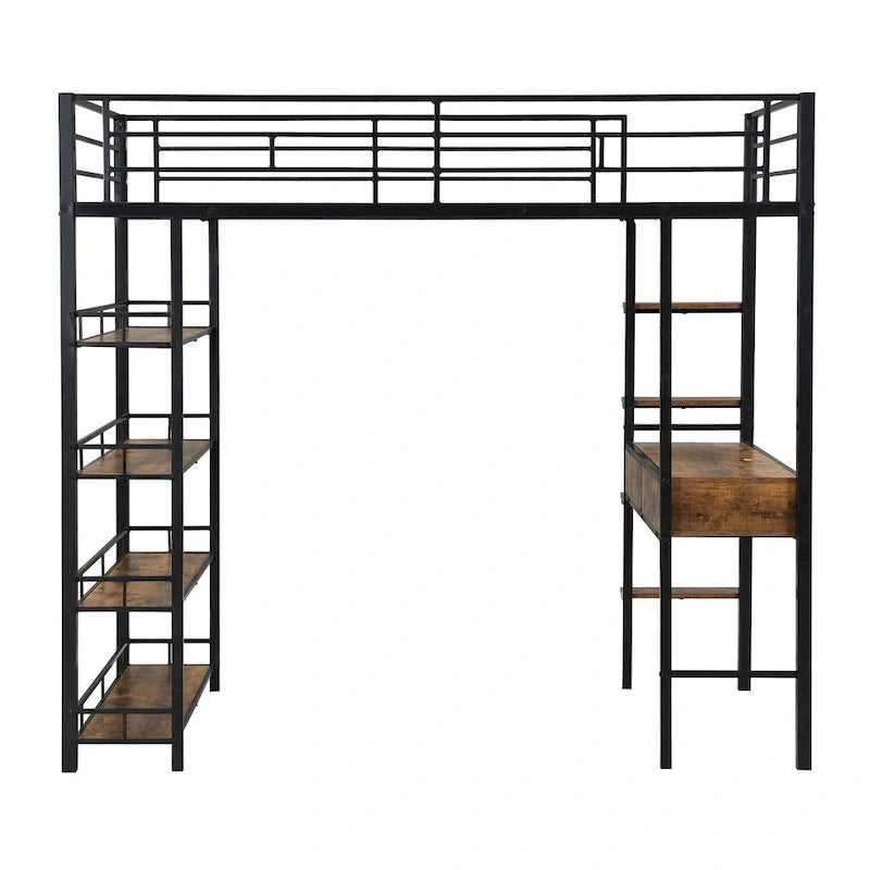 Lit mezzanine en métal avec bureau, échelle, barrière et étagères pour enfants