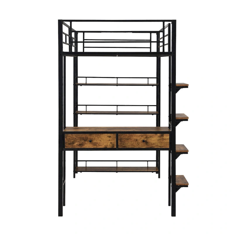 Lit mezzanine en métal avec bureau, échelle, barrière et étagères pour enfants