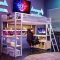 Lit mezzanine en métal pour lit une place avec station de travail LED et rangement intelligent (capacité de 158 kg)
