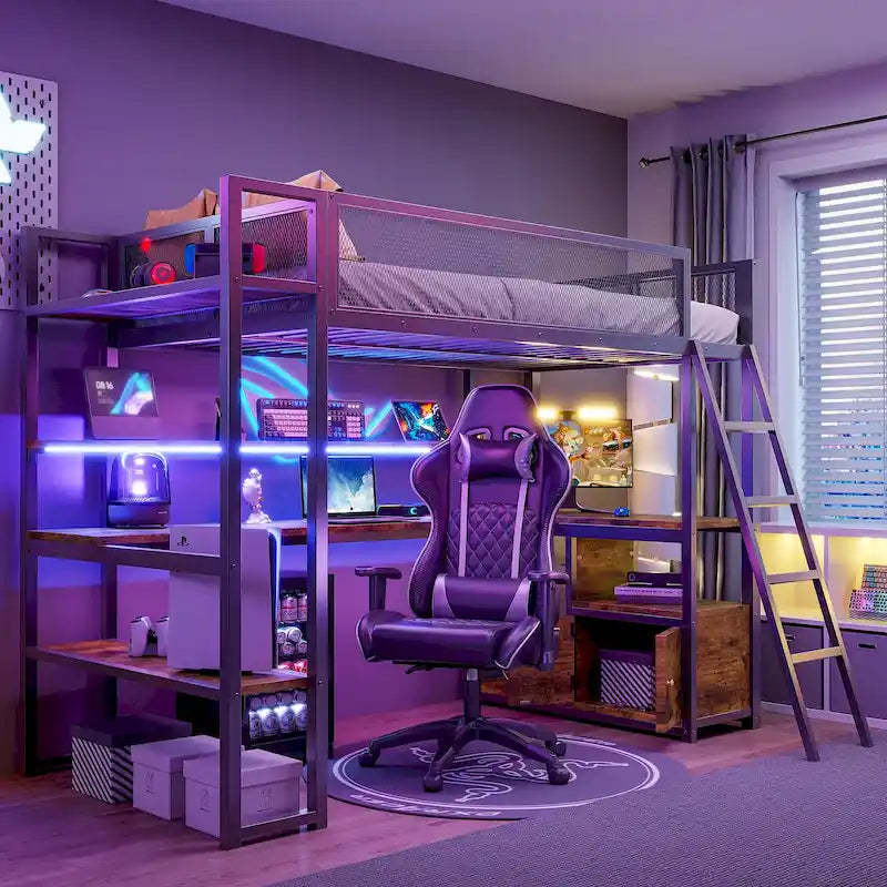 Lit mezzanine en métal pour lit une place avec station de travail LED et rangement intelligent (capacité de 158 kg)