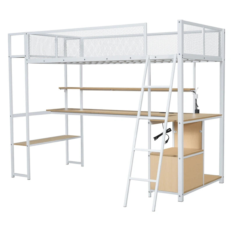 Lit mezzanine en métal pour lit une place avec station de travail LED et rangement intelligent (capacité de 158 kg)