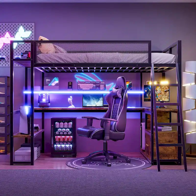 Lit mezzanine en métal pour lit une place avec station de travail LED et rangement intelligent (capacité de 158 kg)