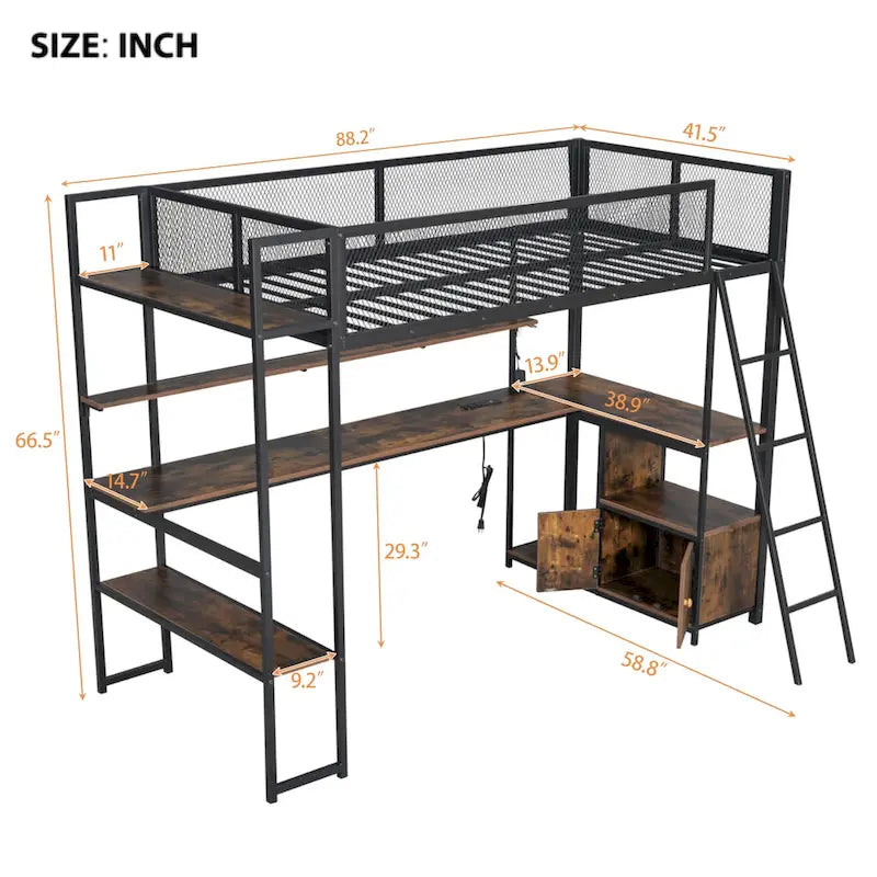 Lit mezzanine en métal pour lit une place avec station de travail LED et rangement intelligent (capacité de 158 kg)