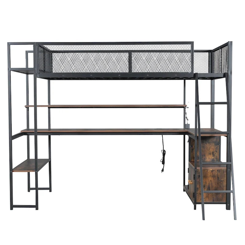 Lit mezzanine en métal pour lit une place avec station de travail LED et rangement intelligent (capacité de 158 kg)