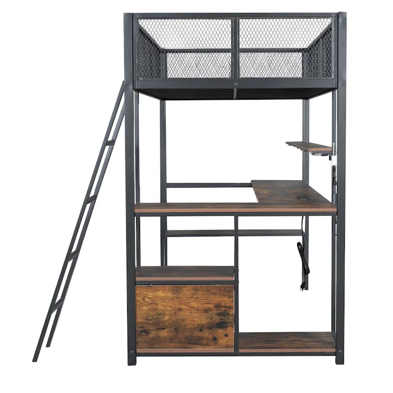 Lit mezzanine en métal pour lit une place avec station de travail LED et rangement intelligent (capacité de 158 kg)