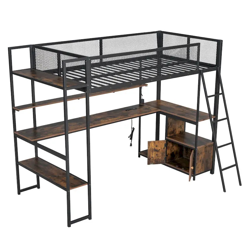 Lit mezzanine en métal pour lit une place avec station de travail LED et rangement intelligent (capacité de 158 kg)